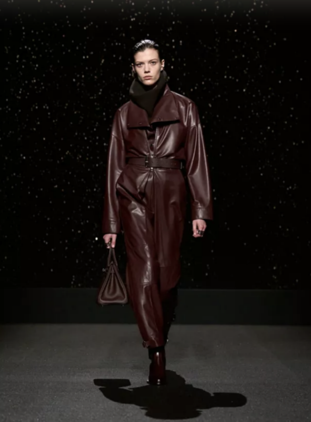 model walking down the runway at Hermès FW24 in leather look
